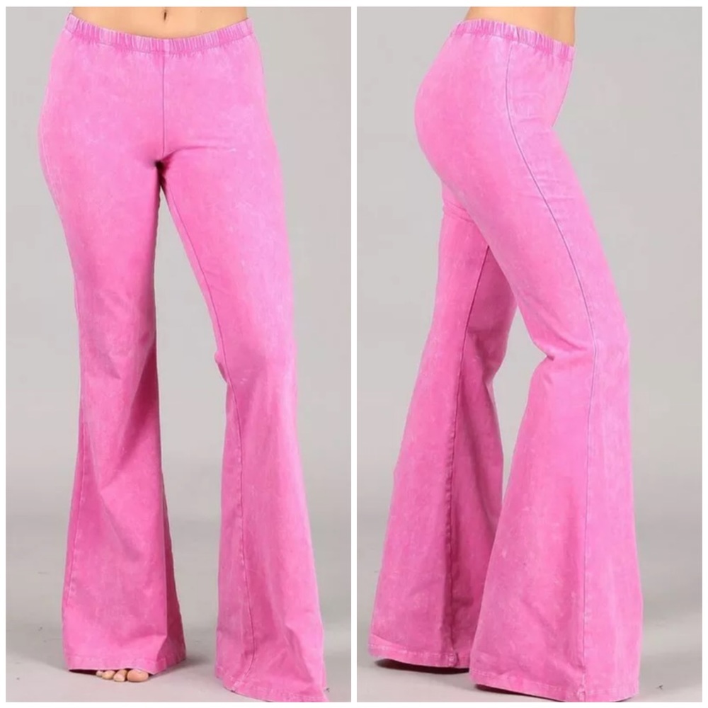 SOLD OUT Bubble Gum Pink Mineral Wash Boho Flared Pants - Picture 1 of 6
